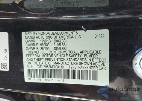 2022 Honda Civic Lx z USA, uszkodzony, nr VIN 19XFL2H52NE008130